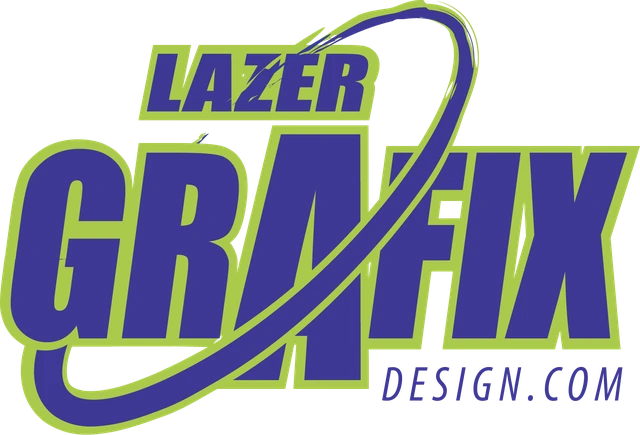 The Lazer Grafix Design logo: bold indigo lettering with a lime-green outline and an orbiting swoosh