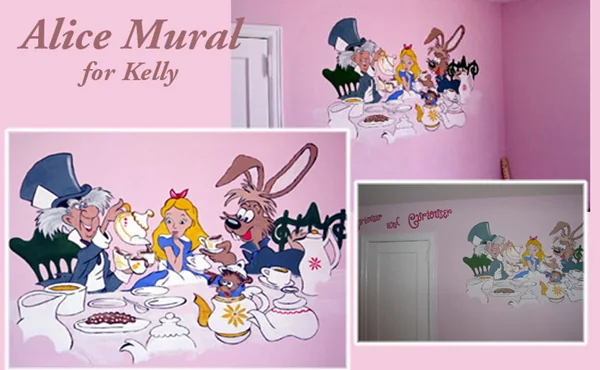 Hand-painted Alice in Wonderland tea-party mural on a pink bedroom wall