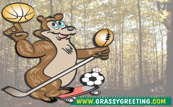 Cartoon bear juggling a basketball, football, soccer ball and hockey stick