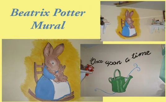 Hand-painted Beatrix Potter rabbit mural with the words Once upon a time and a watering can