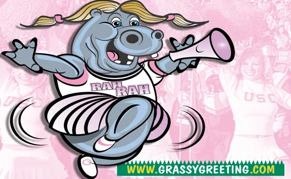 Cartoon hippo cheerleader in a pink skirt shouting through a megaphone