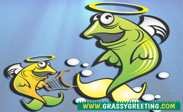 Two cartoon fish with halos swimming underwater