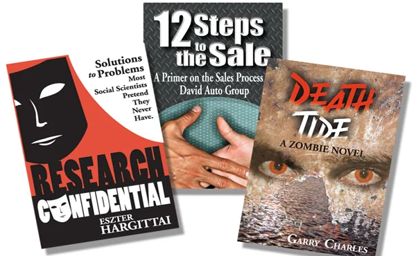 Three e-book covers: Research Confidential, 12 Steps to the Sale and the zombie novel Death Tide