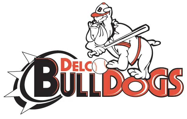Delco Bulldogs logo: a cartoon bulldog in a baseball cap holding a bat above the team name