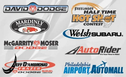 Logo collection: David Dodge, Mardinly Enterprises, McGarrity Moser Dodge, Jeff D'Ambrosio Frazer Dodge, Freelander Half Time Hot Shot contest, Welsh Subaru, AutoRider and Philadelphia Airport Automall