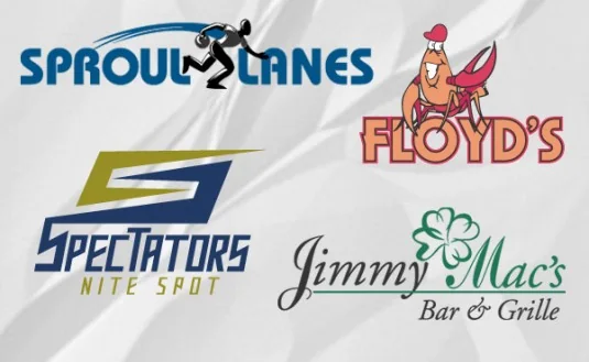 Logo collection: Sproul Lanes, Floyd's, Spectators Nite Spot and Jimmy Mac's Bar & Grille