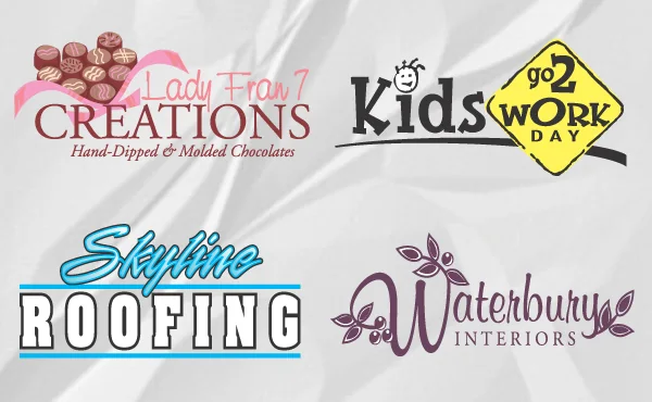 Logo collection: a hand-dipped chocolates brand, Kids Go2 Work Day, Skyline Roofing and Waterbury Interiors