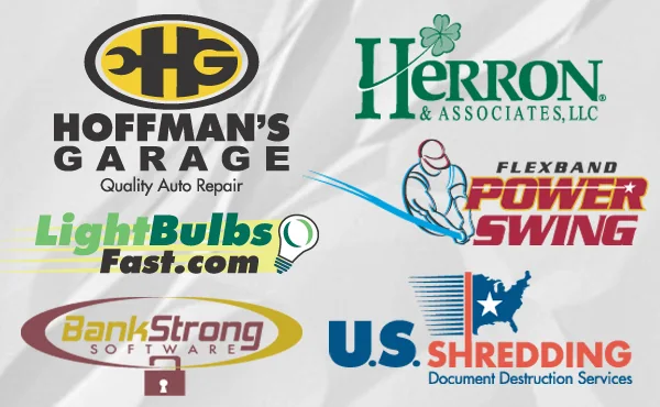 Logo collection: Hoffman's Garage, Herron & Associates, LightBulbsFast.com, Flexband Power Swing, BankStrong Software and U.S. Shredding