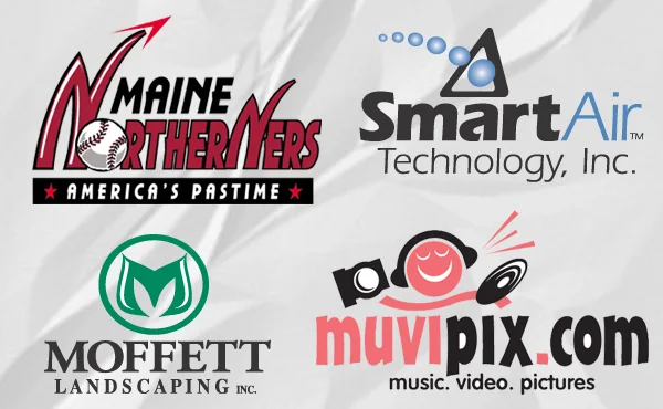 Logo collection: Maine Northerners baseball, SmartAir Technology, Moffett Landscaping and muvipix.com