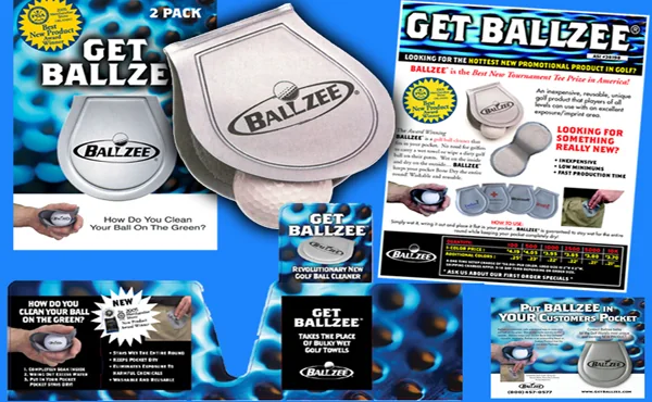 Ballzee golf-ball cleaner ads, packaging and product sheets on a bright blue background