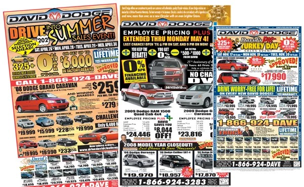 Four David Dodge newspaper ads: Drive Into Summer, Employee Pricing Plus, a model-year closeout and a Turkey Day sale