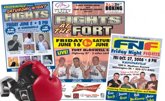 Three boxing fight-night posters: Kahunaville Saturday Night Fights, Fights at the Fort and Friday Night Fights