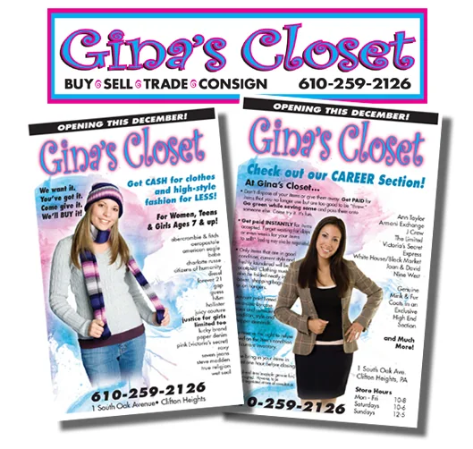 Gina's Closet store sign and two-sided postcard for a buy, sell, trade and consign clothing shop