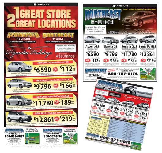 Print ads for Springfield Hyundai and Northeast Hyundai, part of the Potamkin Auto Group