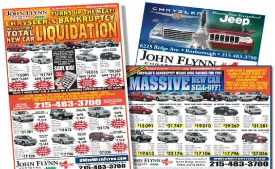 John Flynn Chrysler Jeep newspaper ads for a Total New Car Liquidation and a Massive Sell-Off